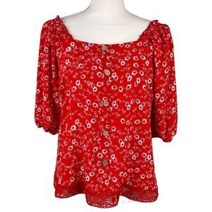 Unique Spectrum Red Floral Blouse Size Medium Lightweight Spring Summer